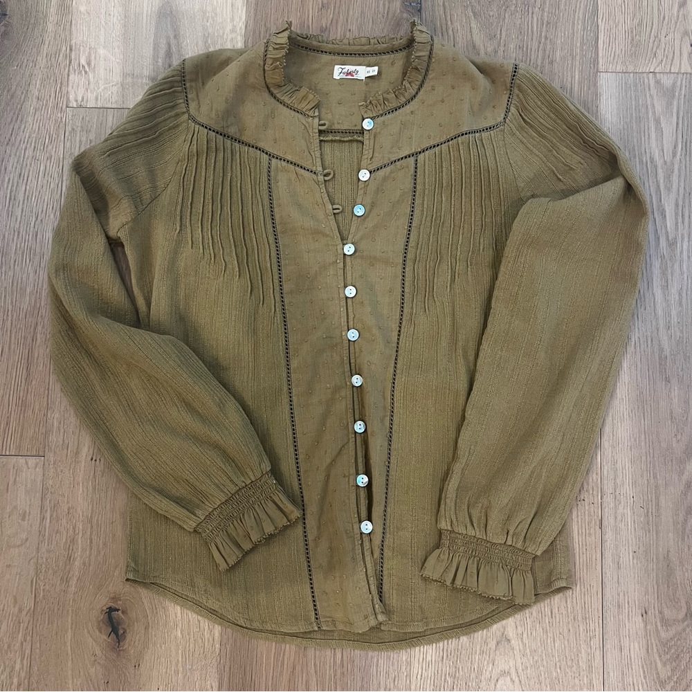 Faherty Olive Green Button-Front Peasant Blouse